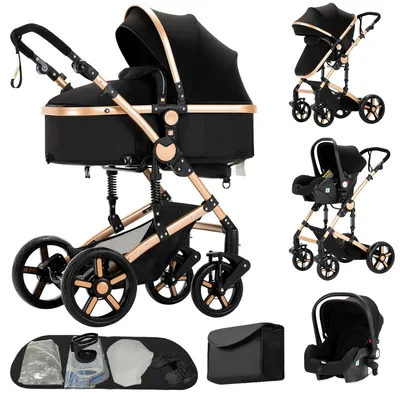 Immagine prodotto di Sistema 3-in-1 per passeggino da viaggio - Passeggino combinato B588 - Navicella reversibile - Ovetto - Cintura di sicurezza a 5 punti - Freno sul manubrio - Pieghevole - Nero/Oro