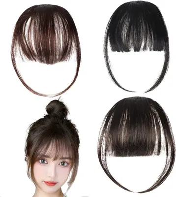 Produktbild von 3 Pcs Perücke Clip Pony, natürliches Kunsthaar flache Fransen, Frontverlängerung Pony Einzelband kurze Haare Fransen, Pony Perücke, dunkelbraun + hellbraun