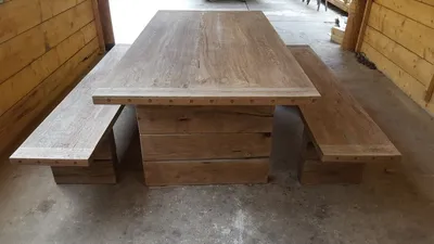 Produktbild von Casa Padrino Gartenmöbel Set Rustikal - Tisch + 2 Garten Bänke (Länge 200 cm) - Eiche Massivholz - Echtholz Möbel Massiv