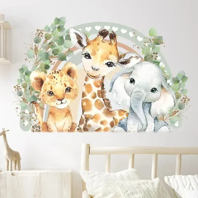 Produktbild von Kinder Tier Wandsticker, Wandtattoo mit Gesicht Löwe Giraffe Elefant Blatt Regenbogen Wandaufkleber,Kindergarten Home Dekoration