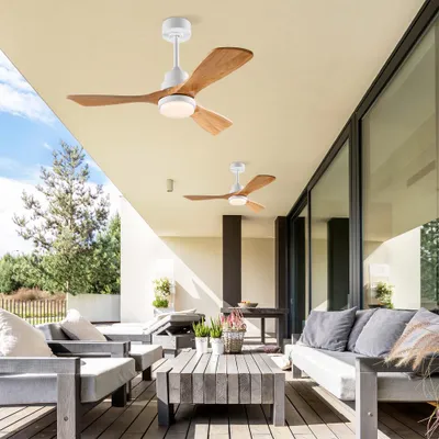 Produktbild von AIORBER Deckenventilator mit Licht und Fernbedienung, 42 Zoll, Massivholz Flügel, leiser DC Motor, 6 Stufen, 3 Farbtemperaturen, Weiss+Natur