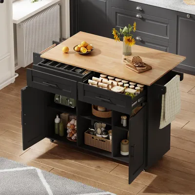 Produktbild von Multifunktionale mobile Kücheninsel, 145 x 45 x 94,5 cm, mit klappbarer Arbeitsplatte, verstellbaren Regalen, 5 Rollen und verdeckter Besteckschublade – für Küche, Esszimmer, Wohnzimmer usw.