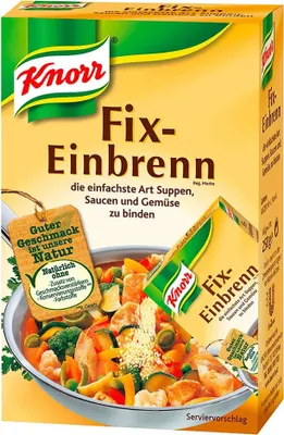 A product shot of Knorr Fix Einbrenn packaging with a bowl of food in the foreground.