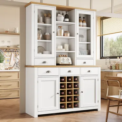 Image de Armoire haute Flieks avec dispositif anti-basculement, armoire sur pied avec porte vitrée, poignées métalliques et système de fermeture en douceur, casier à bouteilles, buffet haut 120 × 40 × 185 cm, blanc