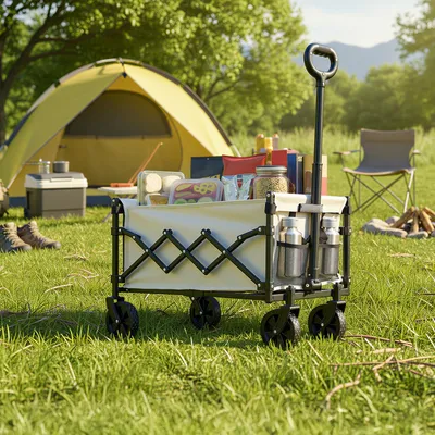 Produktbild von SONGMICS Faltbarer Bollerwagen, Transportwagen mit Griff, 4 verstärkte Rollen, 90 L, Outdoor, bis 180 kg, Garten, beige