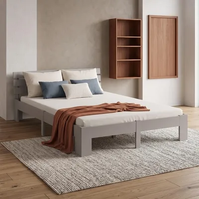 Produktbild von Homestyle4u Holzbett Doppelbett 140x200 mit Matratze mit ® Standard 100 und mit Lattenrost Bett Grau Holz Kiefer Bettgestell Futonbett