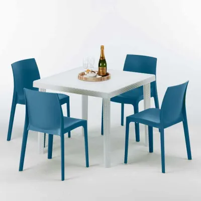 Produktbild von Weiß Quadratisch Tisch und 4 Stühle Farbiges Polypropylen-Außenmastenset Grand Soleil Rome Love - Blau