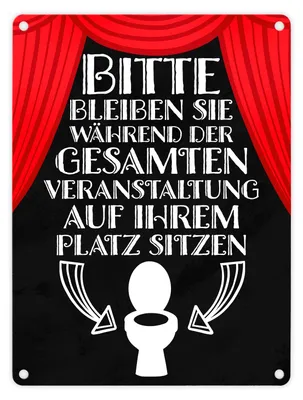 Produktbild von Bitte sitzen bleiben Toiletten Metallschild in 15x20 cm mit rotem Vorhang