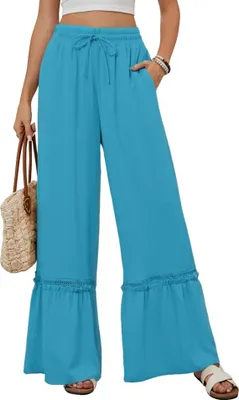Produktbild von ASKSA Damen Leichte Weite Hosen Laessig Leicht Sommerhose Hohe Taille Palazzo Hose mit Taschen (Pfauenblau,L)