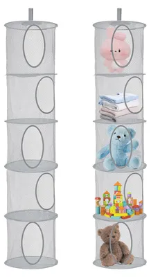 Image de Panier de rangement suspendu, organiseur suspendu pliable en 2 parties, étagère suspendue à 5 compartiments, sac de rangement en filet pour peluches, panier suspendu pour chambre d'enfant ou balcon (gris)