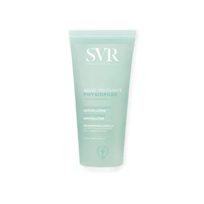 A product shot of a green and white squeeze bottle of SVR Physiopure cleansing gel.