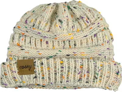 Produktbild von Strick Winter Beanie - Pferdeschwanz Mütze - mit Zopf Loch - Beige Gesprenkelt