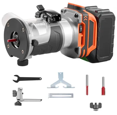 Produktbild von SucceBuy Akku-Kantenfräse mit bürstenlosem Motor, kompakte Oberfräse mit variabler Drehzahl und fester Basis, 6,35 mm Spannzange, Einhandfräse für Holzbearbeitung, 18V, Li-Ion (ohne Akku)