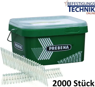 A green bucket of nails with a clear plastic lid, and a strip of nails in the foreground.