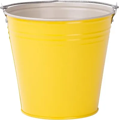 A yellow metal bucket with a silver handle is shown against a white background.