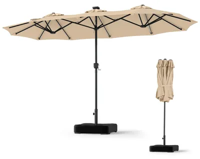 Produktbild von KOMFOTTEU Doppelter Sonnenschirm, 370 x 200 cm Gartenschirm mit 108 Solar-LED-Leuchten, Marktschirm mit Kurbel, 12 Rippen & Ständer, Sonnenschutz, Terrassenschirm für Garten & Balkon