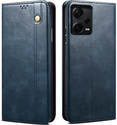 A blue leather flip wallet case for a smartphone is shown from two angles.