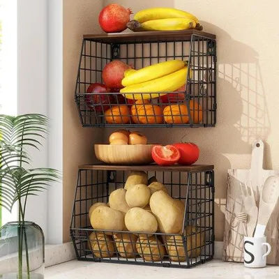 Productafbeelding van Famanu Hangende fruitschaal met bananenhouder - Wandmontabele en stapelbare keukenorganizer voor snacks en groenten