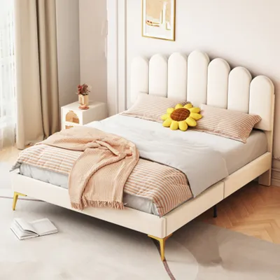Produktbild von Polsterbett Doppelbett, Bettgestell mit Kopfteil und Lattenrost, Erwachsenen-Jugendbett-Gästebett in Samtstoff 140 x 200 cm