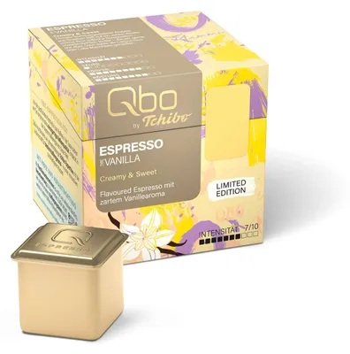 Produktbild von Tchibo Qbo Espresso Flavoured Vanilla Premium Kaffeekapseln, 8 Stück (Espresso, Intensität 7/10, aromatisch & sahnig), nachhaltig & aus 70% nachwachsenden Rohstoffen¹