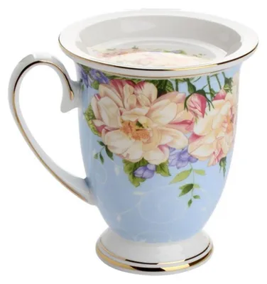 Immagine prodotto di Tazza da caffè in porcellana fine, capacità 300 ml, con coperchio e manico, decorata con motivi floreali, colore blu