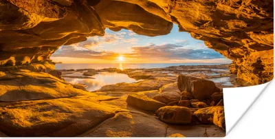 Produktbild von MuchoWow® Poster Höhle - Meer - Horizont - Sonnenuntergang 160x80 cm - Foto Poster