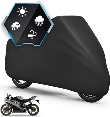 A black motorcycle cover is shown with a smaller motorcycle in the foreground. A hexagonal overlay displays icons for sun, lightning, snow, and wind.