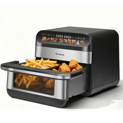Produktbild von Sinaopus Heißluftfritteuse 10L Dual Zone, 2400W Airfryer mit 2×5L Doppelkammer, Sichtfenster, 10 Programme & Sync-Funktion