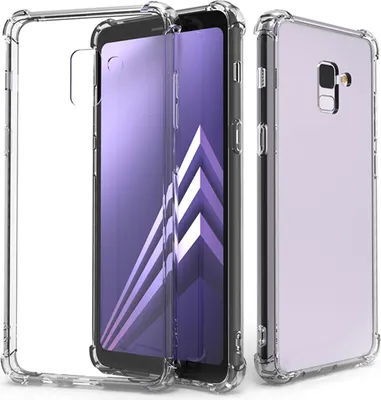 Three views of a clear phone case, one showing the case on its own, and two showing the case on a phone.