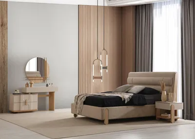 Immagine prodotto di Elegante set da camera da letto beige con letto imbottito e 2 comodini