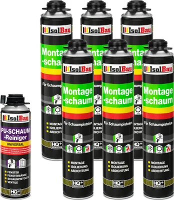 Produktbild von Isolbau Bauschaum-Set - Inkl. 6x 1K Montageschaum Pistolenschaum (je 750 ml), 1xPU-Schaum-Reiniger (500 ml)
