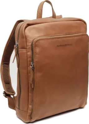 A brown leather rucksack is shown from a side angle against a white background.
