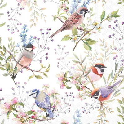 Produktbild von 20 Servietten Busy Birds - Vögel an Zweige mit Blüten 33x33cm