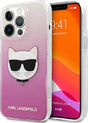A Karl Lagerfeld iPhone 13 Pro Max case with a Choupette Head design is shown next to an iPhone.