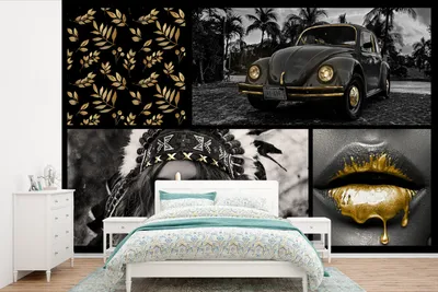 Produktbild von MuchoWow® Fototapete für Wohnzimmer oder Schlafzimmer Wandtapete Vinyl Motivtapete Collage - Gold - Auto - Farbe - 390x260 cm - Papiertapete