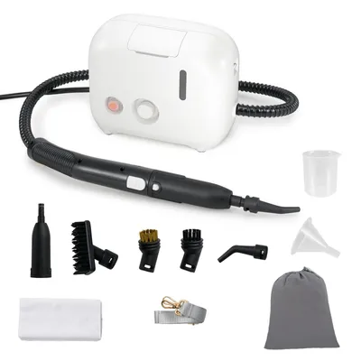 A white steam cleaner with black hose and handle, along with various attachments, is displayed against a white background.