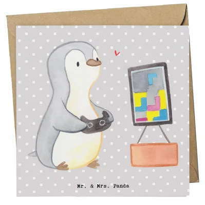 Produktbild von Mr. & Mrs. Panda Grußkarte Pinguin Zocken - Grau Pastell - Geschenk, faltkarte, Videogames, Klappkarte, Glückwunschkarte, anlasskarte, doppelkarte, Videospiele, Gaming
