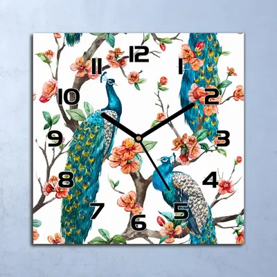 Produktbild von Wanduhr Echt-Glas-Küchenuhr Pfauen und Blumen Quarz Lautlos 30x30 Deko Bilder