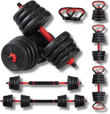 Produktbild von Verstellbares Hantelset 10-40 kg, 6-in-1, Gummi Gewichte, Kettlebell, für Krafttraining