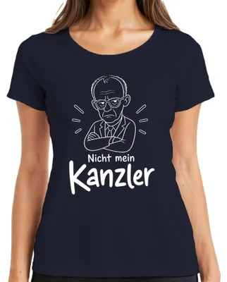 Productafbeelding van Nee, niet mijn kanselier Friedrich Merz. Politiek statement. Sarcasme. Dames T-shirt, marineblauw, maat M