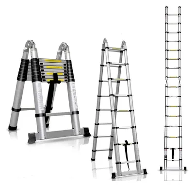 Produktbild von 5M Teleskopleiter aus Aluminium mit rutschfesten Gummifüßen, ausziehbare Mehrzweckleiter bis 150 kg