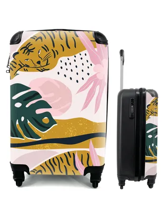 Produktbild von MuchoWow® Koffer Handgepäck Trolley Rollkoffer Kleine Reisekoffer mit 4 Rollen - Tiger - Blätter - Dschungel - Muster - Cabin Size < 55x40x23 cm & 55x40x20 cm - Fotokoffer - Kabinenkoffer - Boardgepäck - Reise-Box - Reisekoffer - Reisegepäck - Koffer mit Bild - Trolley für Kinder