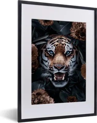Produktbild von MuchoWow® MuchoWow® Gerahmtes Poster Porträt - Tiger - Blumen 30x40 cm - Poster mit zchwarzem Bilderrahmen - Wandposter Schlafzimmer
