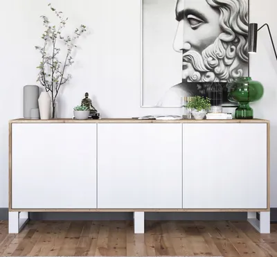 Produktbild von Loft Kommode TV Eiche Wotan Apollo 3D TV-Sideboard Modern Lindner Möbel  Drei Metallfüße 168cm x 35cm x 72 cm Farbe: Wotan Eiche matt - Weiß matt