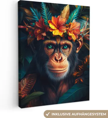Produktbild von Leinwandbilder 60x80 cm - Tiere, Blumen - Schimpanse, Bilder Wohnzimmer Modern, Wanddeko