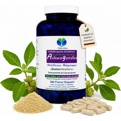 Produktbild von Ashwagandha 360 Pulver Kapseln Ayurvedischer Ginseng Natur Pur Ohne Zusatzstoffe