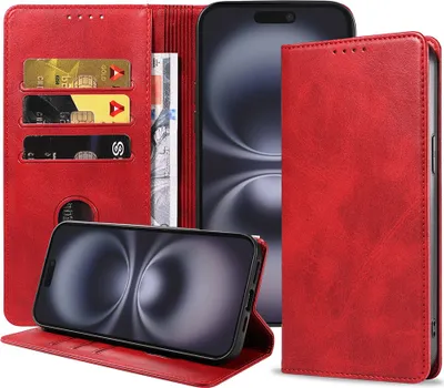 Produktbild von Smartphonica Handytasche geeignet für iPhone 16 Plus Kunstleder mit Magnetverschluss und Kartenhalter Buchhülle mit Klappe - Rot
