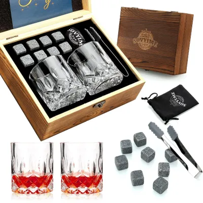 Productafbeelding van Whisky Stones Geschenkeset - 2 whiskyglazen - Granieten koelstenen - Whiskyglas cadeau - Voor mannen - Verfijnde drinkervaring - Whisky set