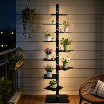 Produktbild von 9 Ebenen Pflanzenständer mit LED-Sternenlicht & Drehbaren Regalen, 180cm Metall Pflanzenregal Blumenständer für Balkon Wohzimmer Garten, Schwarz