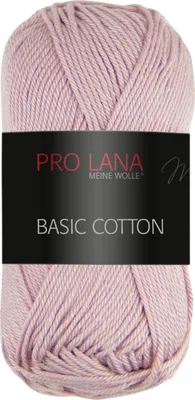 A ball of light pink yarn with a black label.